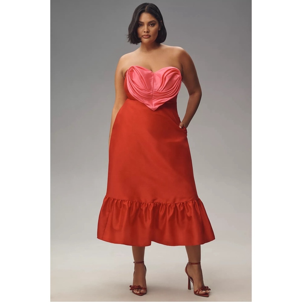 Anthropologie Hutch Strapless Heart Bodice Red Pink Satin Maxi Dress 6 NWT - Picture 9 of 10